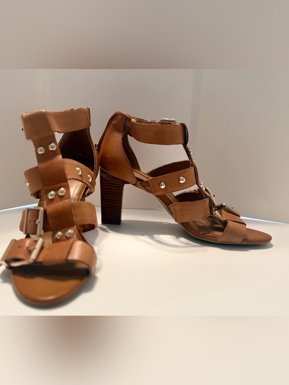 BCBGeneration Brown Leather Strappy Block Heel Sandals